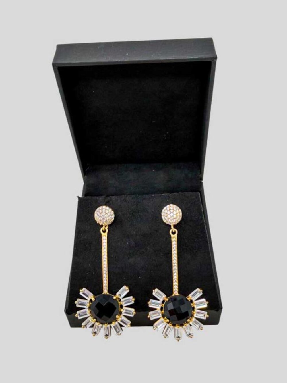 Sterling Silver Gold Tone Black Stone Flower Drop Earrings